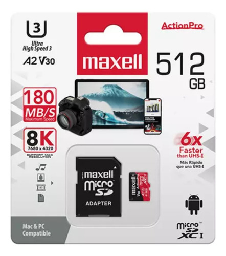 Memoria Micro Sd Maxell 8k 180mb/s 512gb A2 V30 Mcsd512u3 A2