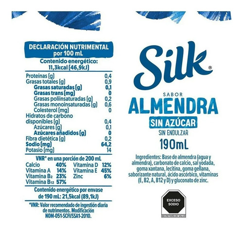 Bebida Vegetal Silk Almendra Sin Azúcar 6 Pzs De 190 Ml C/u