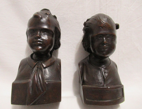 Antiguo Par Sujetalibros Tallados Madera Figuras Niño Y Niña