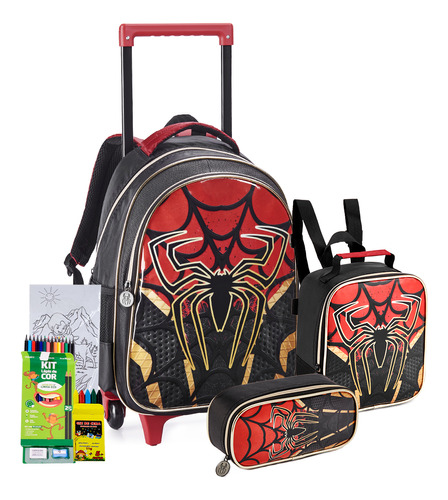 Kit Mochila Infantil Preta Super Aranha Meninos Rodinha