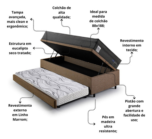 Bicama Box Baú Solteiro com Colchão Molas Ensacadas Berlim Preto Probel Linho Marrom 88x188