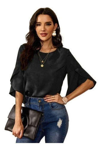 Blusa Dama Elegante Holgado De Liso Con Mangas Acampanadas