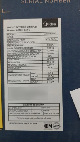 Unidad Interior Minisplit Midea Mas24h2ago 2 Toneladas Blanco (Usado)