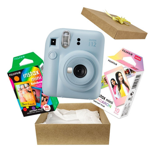 Camera Instax Mini Filme Macaron E Rainbow Kit Presente Fuji Cor Azul