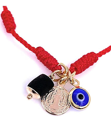 Pulsera De San Benito De Hilo Rojo Mal De Ojo Azul Y Colgant