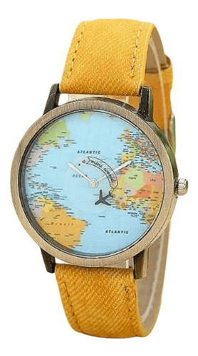 Relógio Mapa Mundo Viajante Avião Presente Oportunidade Cor da correia Amarelo Cor do bisel Dourado Cor do fundo Azul