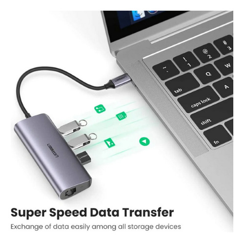Hub 5 Em 1 Ugreen Usb-c Para 3* Usb 3.0 + Rj45 + Tipo-c Pd