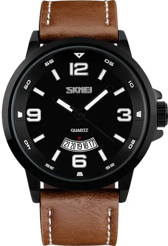 Reloj Caballero Cuero Marron Casual Numero Skmei Contra Agua