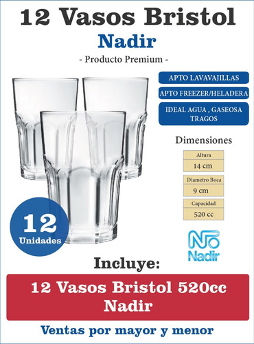 Imagen 4 de 8 de Vaso Bristol X6 520cc Nadir 2911 Vidrio Agua Fernet Durax