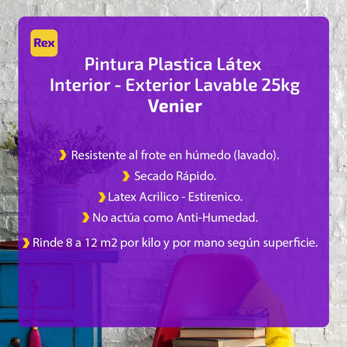 Imagen 2 de 4 de Pintura Plastica Latex Int/ext Lavable Venier 25kg - Rex
