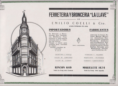 1930 Hoja Publicidad Ferreteria La Llave Montevideo Vintage 