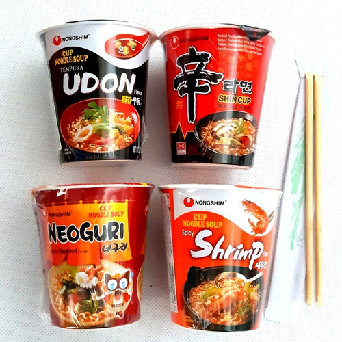 Imagem 1 de 2 de Kit 4 Lamen Coreano Neoguri, Udon, Shin E Shrimp + 4 Hashi