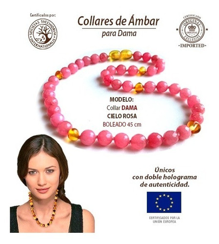 Collar Dama Ámbar Báltico Piedras Naturales Cielo Rosa 45cm