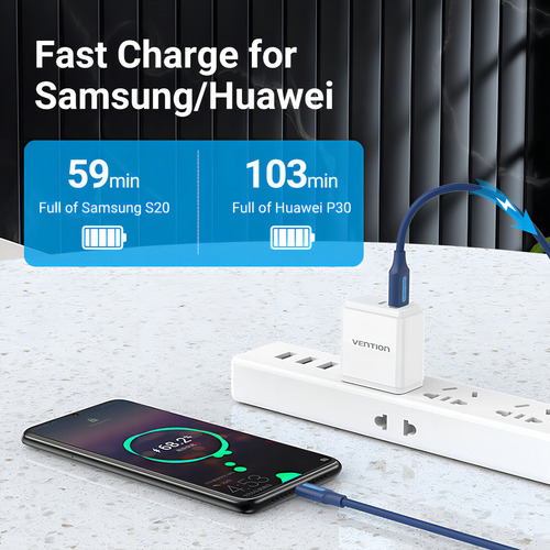 Cable Usb Vention - Usb A Usb C - Carga Rapida 3a - 2 Metros - 480 Mbps - Color Azul - Pvc - Cargador Y Datos - Para Pc / Notebook / Macbook / Celular / Tablet / Auriculares - COKLH