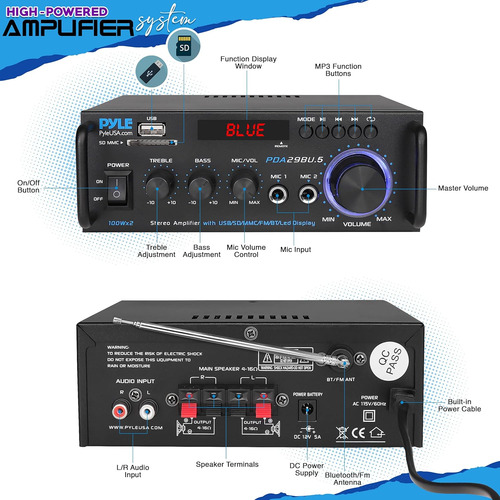 Amplificador Pyle Pda29bu.5, 100 W Rms, 2 Canales, Bt, Ne...