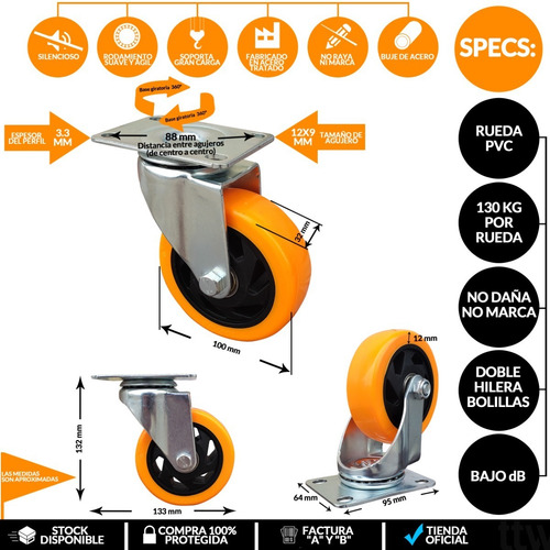 Imagen 3 de 10 de Kit 8 Ruedas Giratorias Pvc 100x32 Mm 4 C Freno Acero Mueble