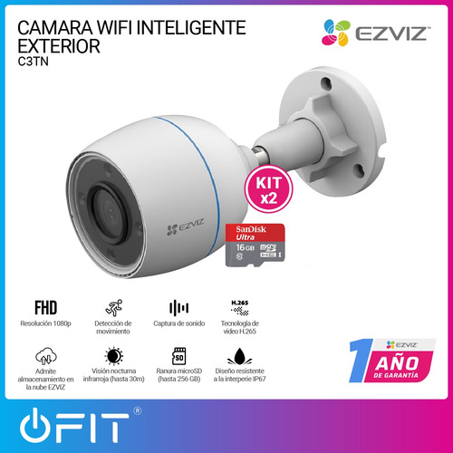 Imagen 2 de 10 de Kit X2 Cámara Seguridad Wifi Ezviz Full Hd + 2 Memorias 16gb