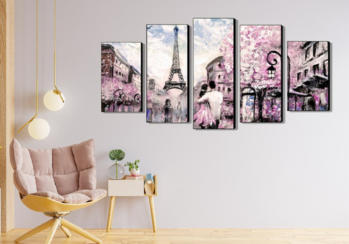 Cuadro Decorativo, París En Tonos Rosas. Quíntuple 150x80 Cm