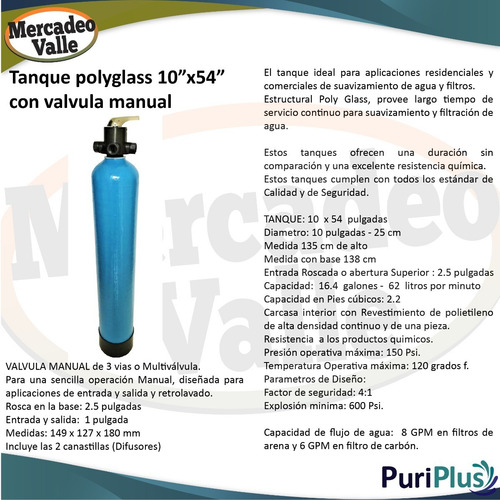 Imagen 2 de 5 de Tanque Polyglass 10 X 54 Pulgadas Valvula Manual Filtro Agua