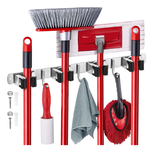 Suporte De Parede Vassoura Rodo Organizador Inox Com Gancho