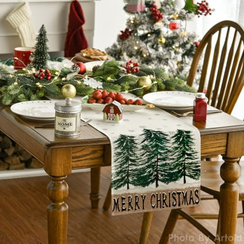 Mantel De Mesa De Navidad Con Árboles De Navidad, Copos De