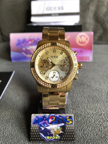 Relogio Guess W0774l5 Dourado Strass Original Completo Caixa