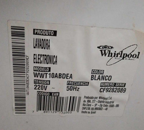 Lavarropas Whirpool Funcionado  Para Repuesto 