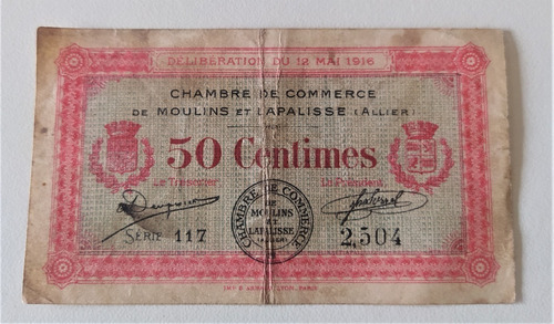 Billete 50 Centimes Cámara De Comercio  Moulins Francia 1921