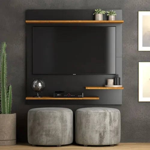 Painel Suspenso Preto/Nature Para TV Até 32" Com Prateleiras MDP