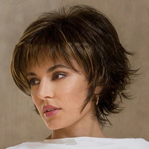 Peruca De Cabelo Curto Em Camadas Onduladas Com Franja - Sin