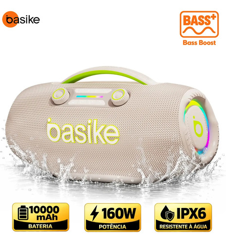 Caixa de Som Basike Boombox 160W RMS IPX6 RGB Bluetooth 5.3 TWS Bass Boost Bateria 10000mAh 12h FM USB TF Estéreo Hi-Fi Churrasco Praia C...