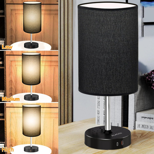 Lámpara De Mesa Negra Con Puertos De Carga Usb A C Y Salida