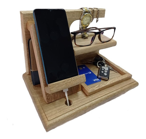 Organizador De Escritorio + Porta Celular En Madera