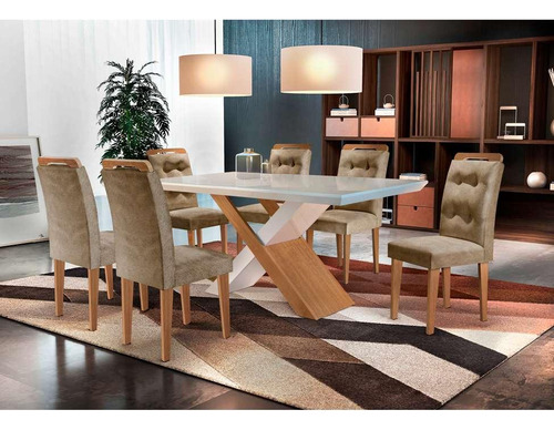 Conjunto Mesa E 6 Cadeiras Imperatriz Suede Off E Chocolate