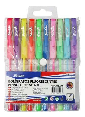 Set De 10 Lápices Pasta Bolígrafos Colores Fluor Punta 0.7mm