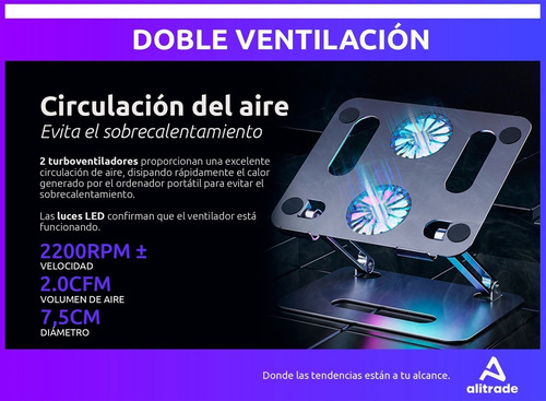 Imagen 4 de 10 de Soporte Notebook Tablet Aluminio Doble Ventilacion Regulable