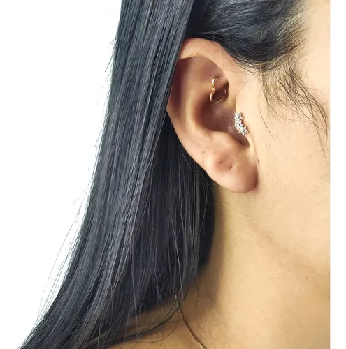 Piercing De Orelha Ou Tragus De Ouro 18k Bolinha e Três Zircônia