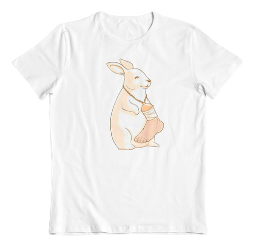 Polera Blanca Algodon Dtf Conejo Bendicion Buena Suerte Arte