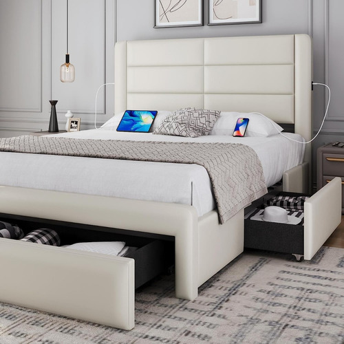 Base Cama Matrimonial Moderno C/ Cabecera Hogar Usb Crema