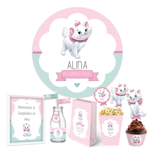 Kit Imprimible Gatita Marie + Banner Circular Personalizado