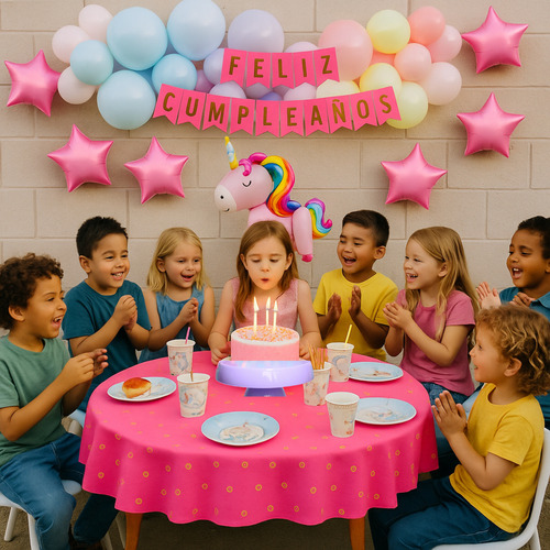 Combo Globos Cumpleaños Tematico Kit Unicornio Más Deco Mesa Rosa Unicornio Pelo Multicolor