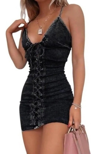 Vestido Jeans Corto Sexy Con Alza Decote En V A