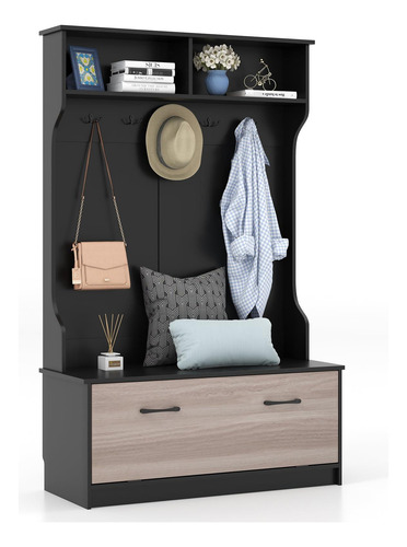 Hall Tree Multifuncional Con Perchero Y Banco Negro 5 Gancho
