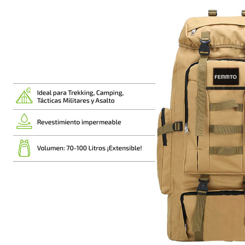 Imagen 2 de 9 de Mochila Tactica Camping 70-100 Lts Mochilero Ampliable Color Caqui
