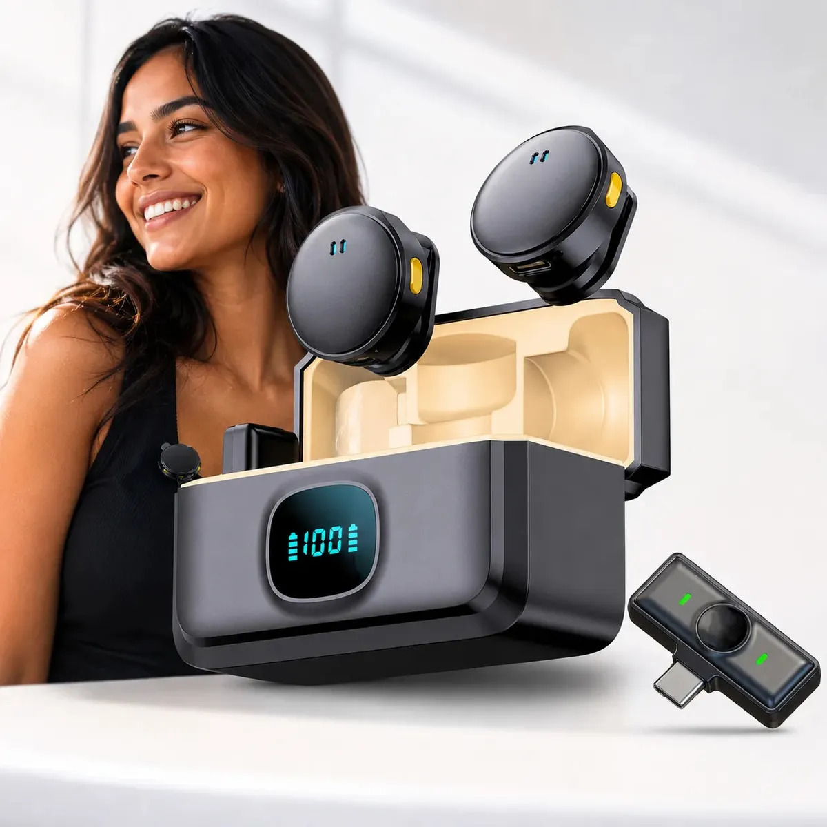 Microfone De Lapela Sem Fio Magnético Para iPhone Android Preto
