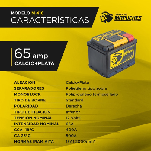 Bateria Auto Mapuches 12 X 65 Amper Reforzada