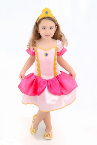 Fantasia Vestido Peach Aurora Princesa Infantil Festa