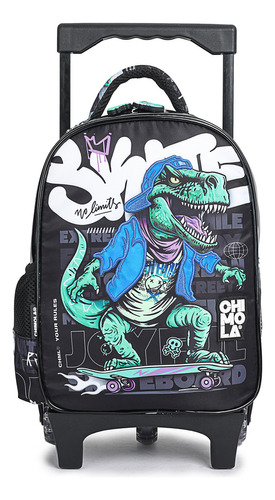 Chimola Mochila Con Carro 12 Pulgadas Dino Skater Jardin Color Negro Diseño De La Tela Liso