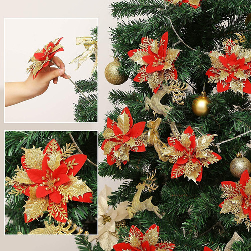 50 Flores De Navidad Con Purpurina Artificial Rojo Plateados