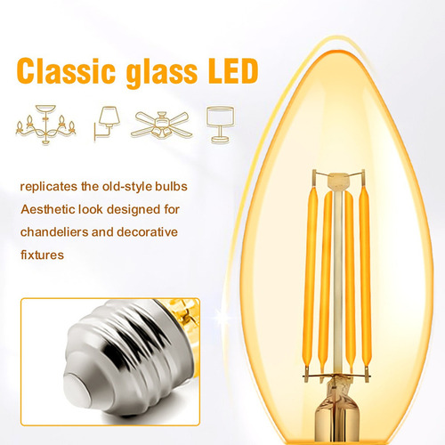 Kit 6 C35 E14 Lâmpada Led Filamento Vela Âmbar Retrô Lustre